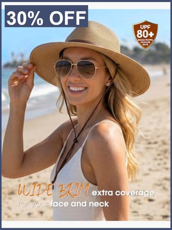 Wide Brim Straw Fedora Sun Hat with Wind Lanyard UPF 80+